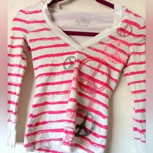 Justice Hooded Long Sleeve Pink Striped Peace Top